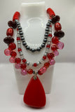 Three Strand Red Glass And White & Black Pearl Necklace image 0