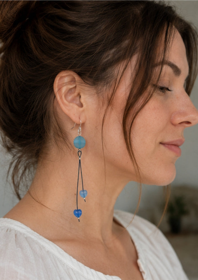 Blue Coin & Hearts Earrings Kel’s Lampworked Glass Jewellery & More