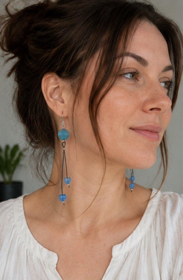 Blue Coin & Hearts Earrings Kel’s Lampworked Glass Jewellery & More