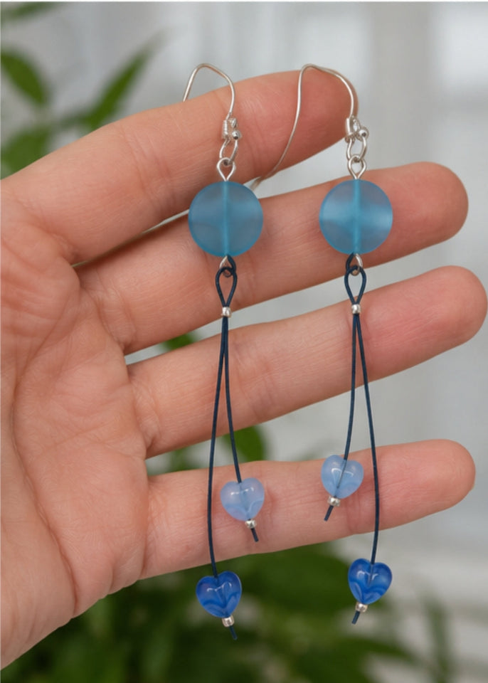 Blue Coin & Hearts Earrings Kel’s Lampworked Glass Jewellery & More