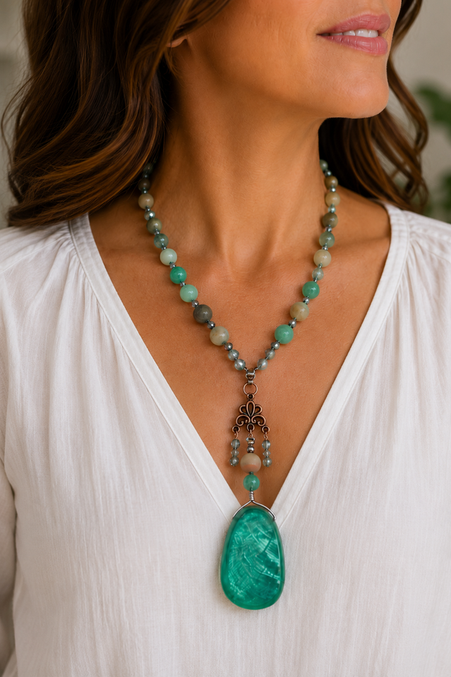 Green Amazonite Y Necklace Kel’s Lampworked Glass Jewellery & More