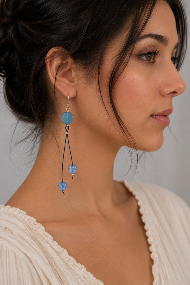 Blue Coin & Hearts Earrings Kel’s Lampworked Glass Jewellery & More