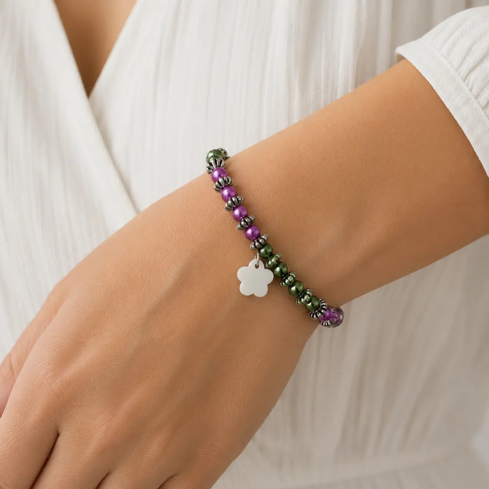 Asymmetric Pink & Green Flower Stretch Bracelet Kel’s Lampworked Glass Jewellery & More