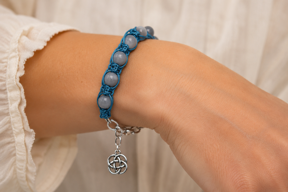 Blue Gemstone Fishbone Macrame Bracelet Kel's Lampworked Glass Jewellery & More